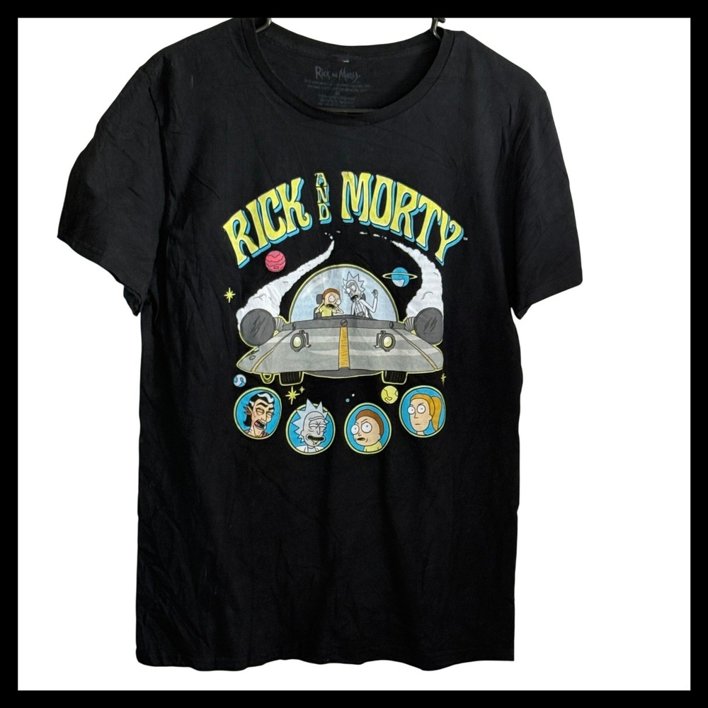 Rick and Morty Mens Black Graphic T-Shirt Space Cruiser Adult Swim Size L